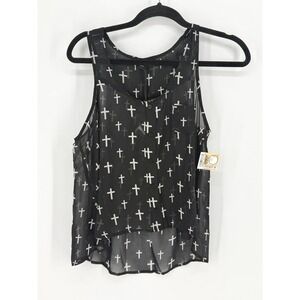 Black Cross Print Sheer Button Front Tank Top Size L Witchy Goth Fairy Grunge